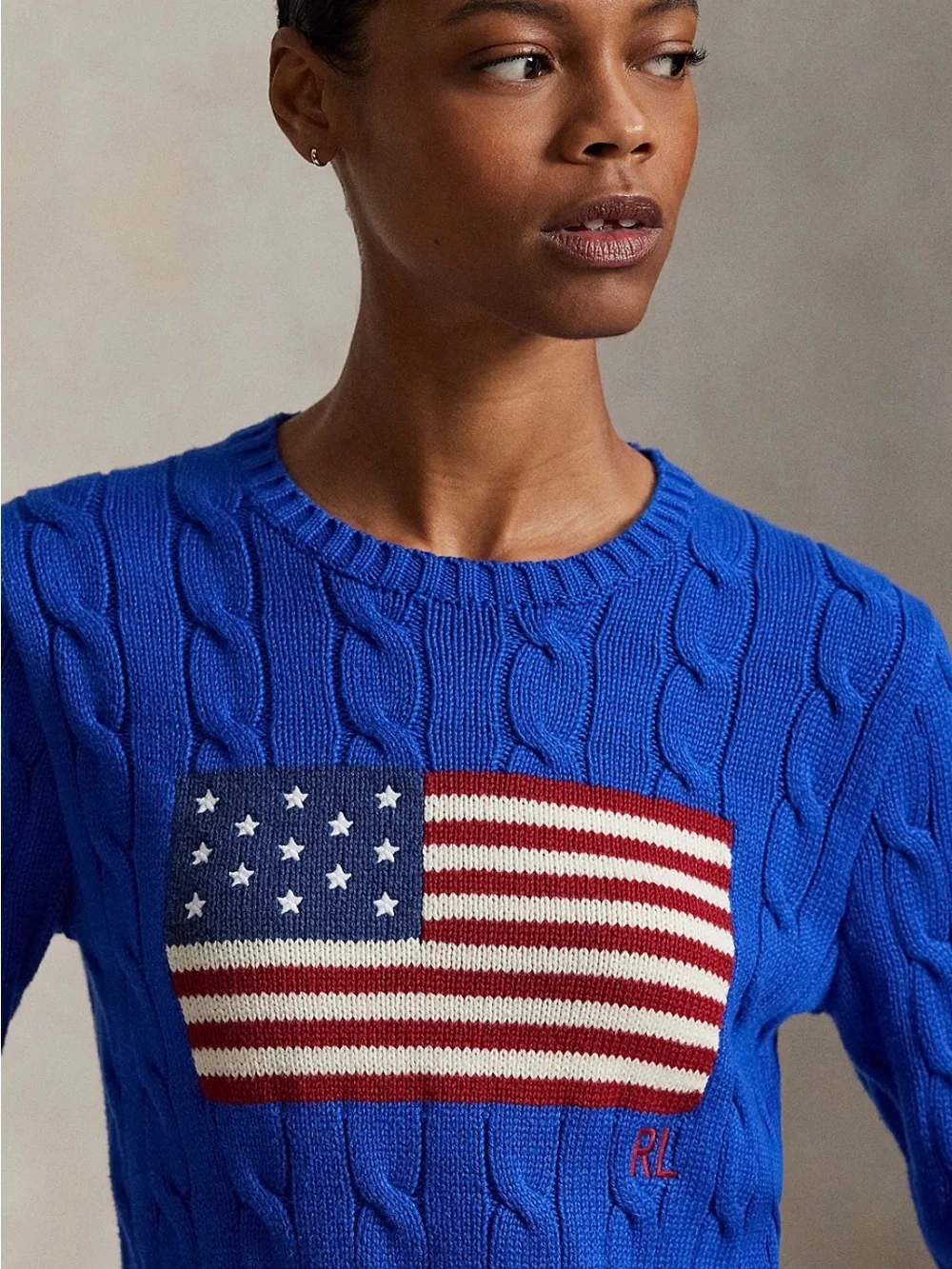 NWT Blue Cable-Knit Sweater with Flag Motif